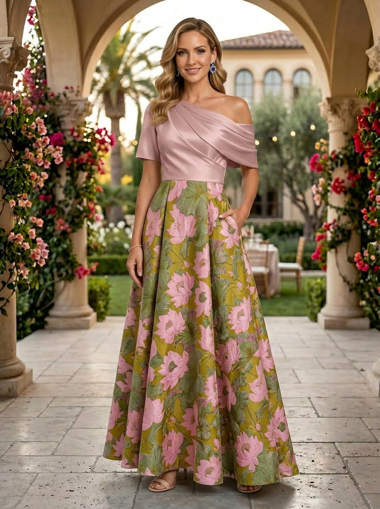 Jacquard A-Line One Shoulder Pleated Mother of the Bride Dresses