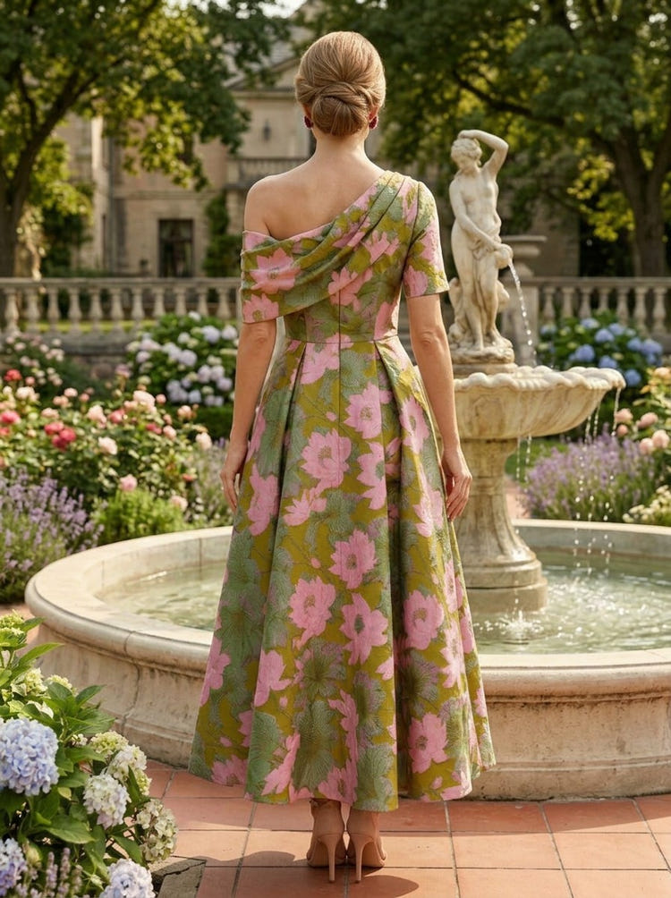 Jacquard A-Line One Shoulder Pleated Mother of the Bride Dresses