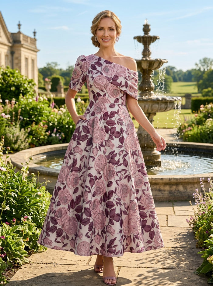 Jacquard A-Line One Shoulder Pleated Mother of the Bride Dresses