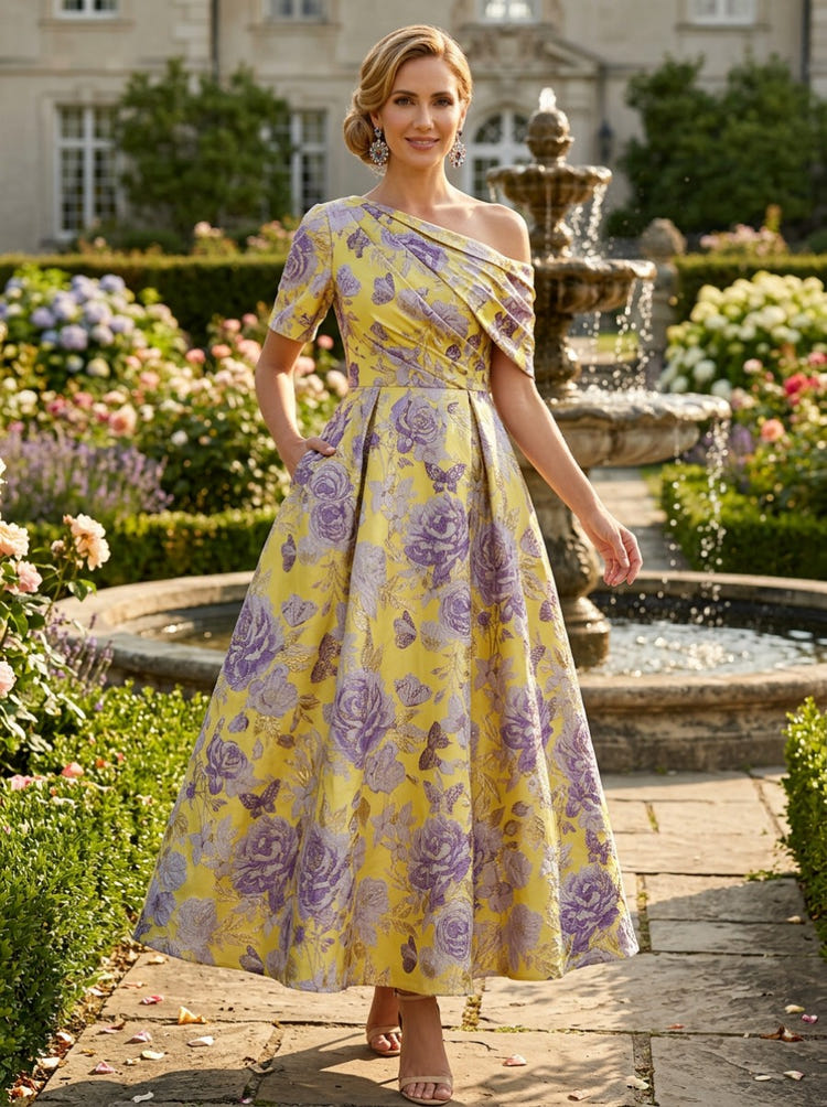 Jacquard A-Line One Shoulder Pleated Mother of the Bride Dresses