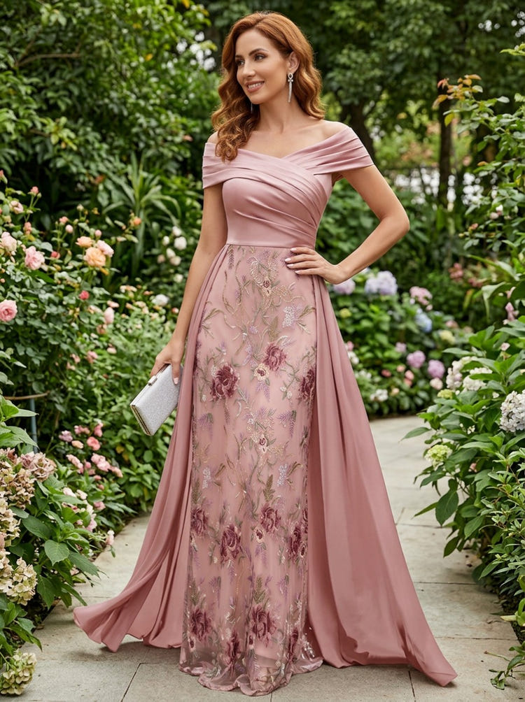Satin Sheath Off the Shoulder Floral Embroidery Mother of the Bride Dresses