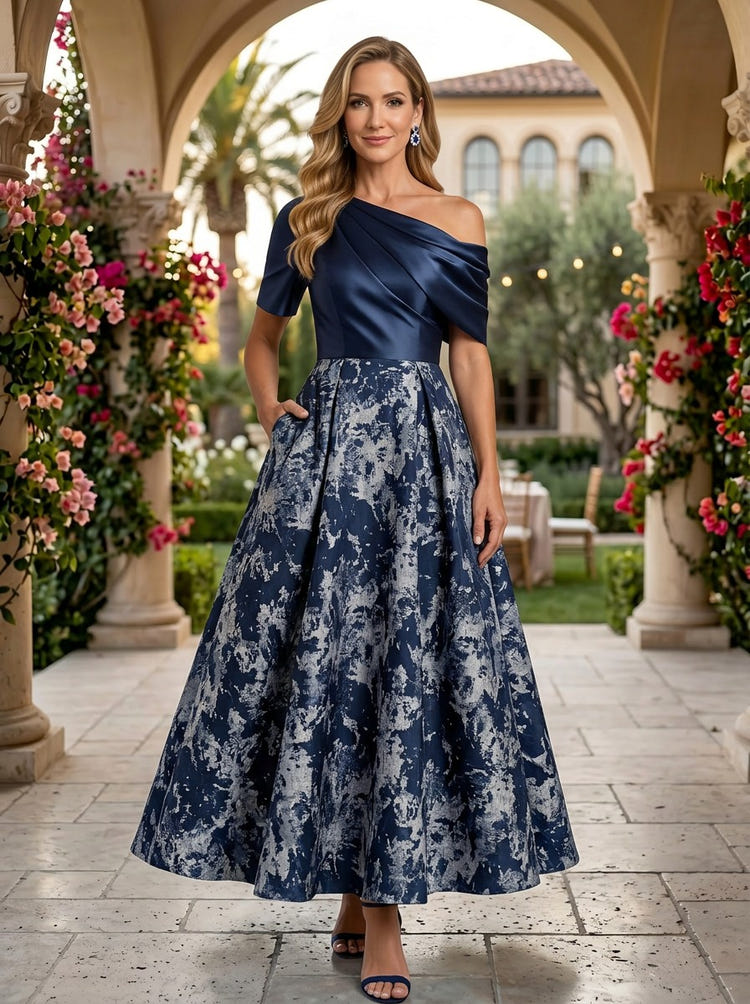 Jacquard A-Line One Shoulder Pleated Mother of the Bride Dresses
