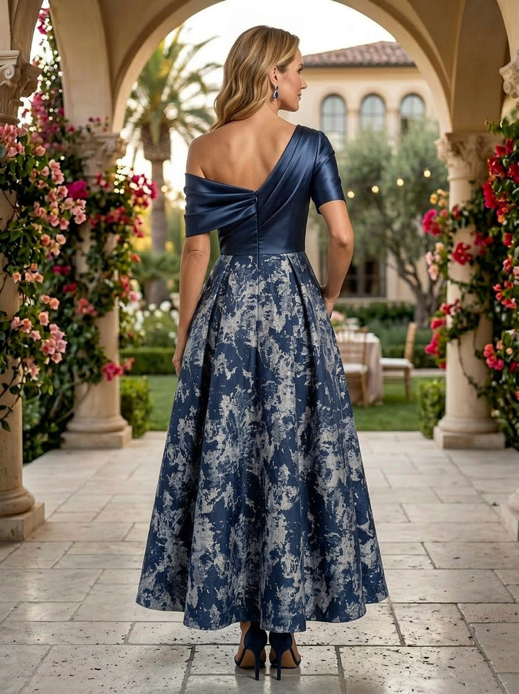 Jacquard A-Line One Shoulder Pleated Mother of the Bride Dresses