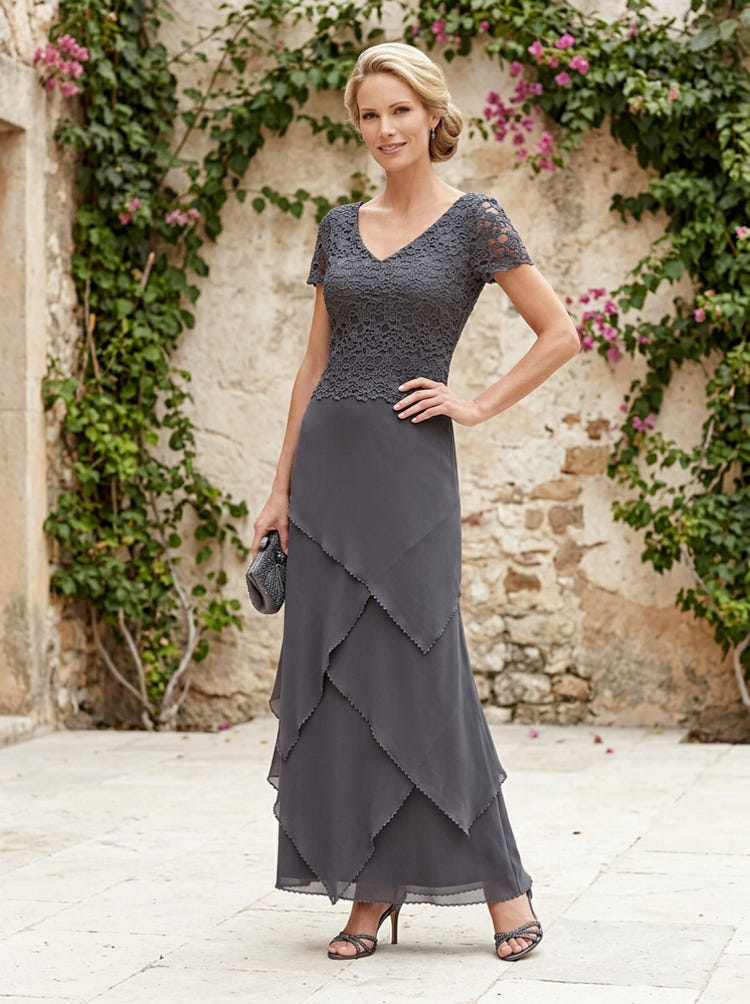 Charcoal Gray Mother of the Bride Dresses 2026 for Women Elegant A Line V Neck Short Lace Sleeve Floor Length Formal Evening Maxi Gowns with Crochet