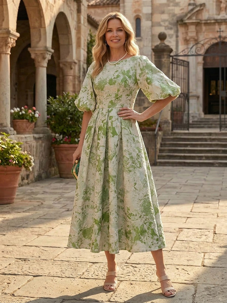 Tea Length Jacquard A-Line Crew Neck Mother of the Bride Dresses