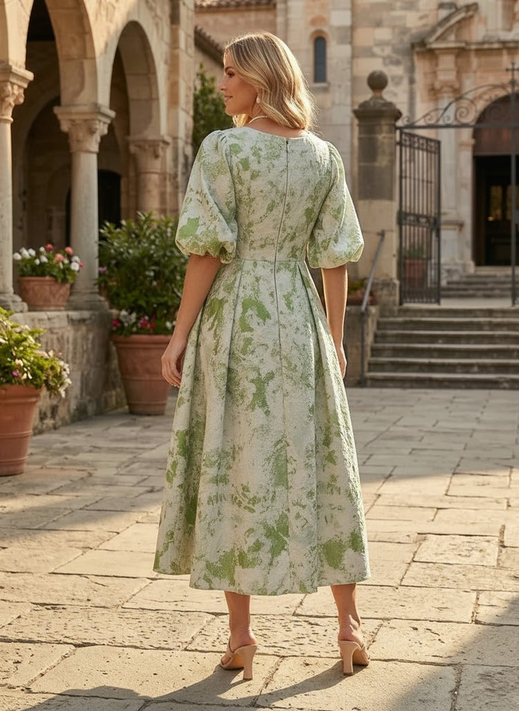 Tea Length Jacquard A-Line Crew Neck Mother of the Bride Dresses
