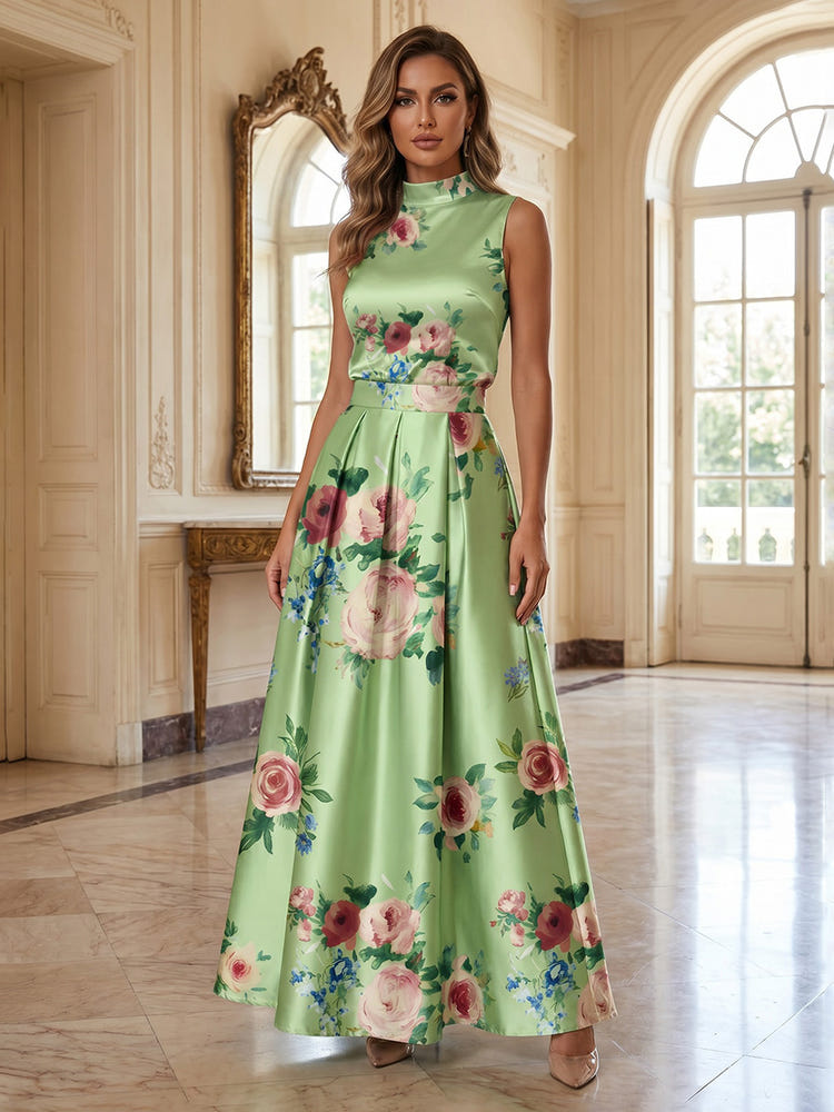 Satin A-Line High Neck Mother of the Bride Dresses with Floral Print