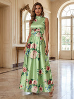 Satin A-Line High Neck Mother of the Bride Dresses with Floral Print