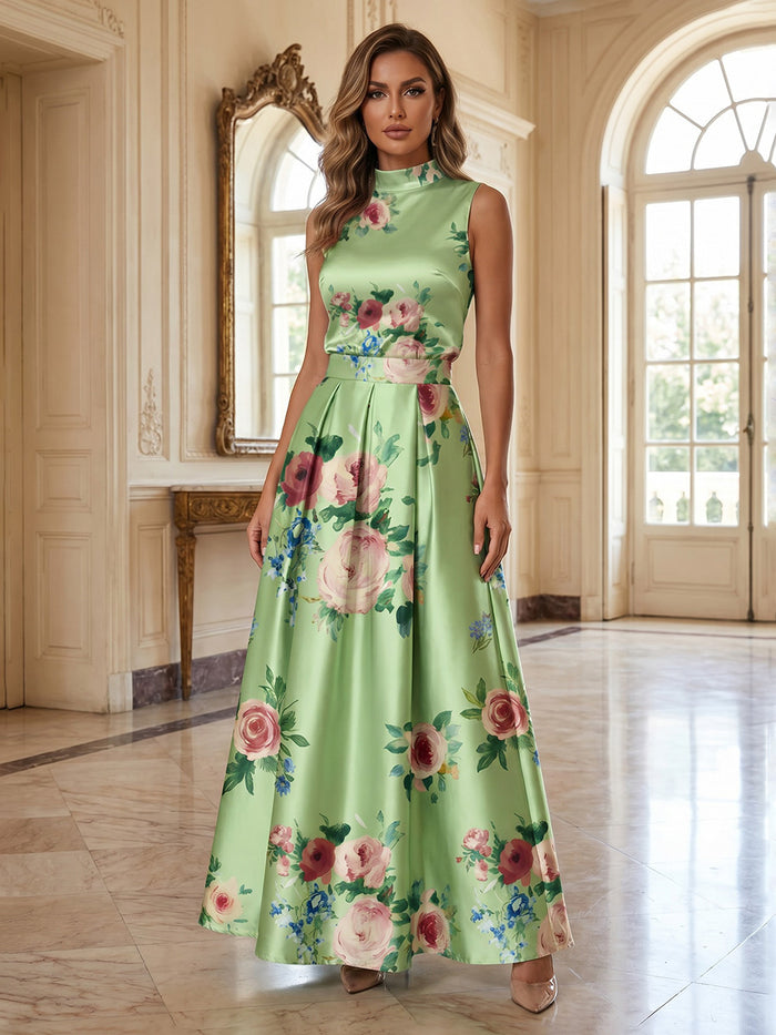 Satin A-Line High Neck Mother of the Bride Dresses with Floral Print