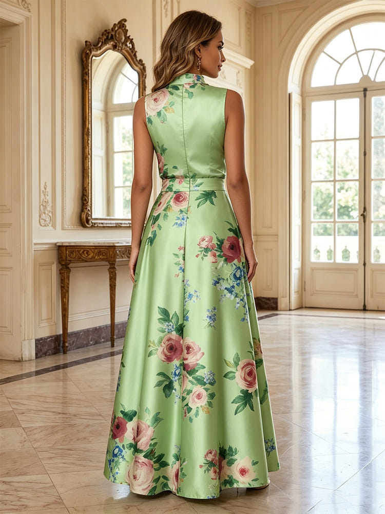 Satin A-Line High Neck Mother of the Bride Dresses with Floral Print