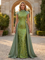 Satin Mermaid High Neck Mother of the Bride Dresses with Sequin Embroidery