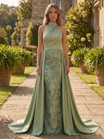 Satin Mermaid High Neck Mother of the Bride Dresses with Sequin Embroidery