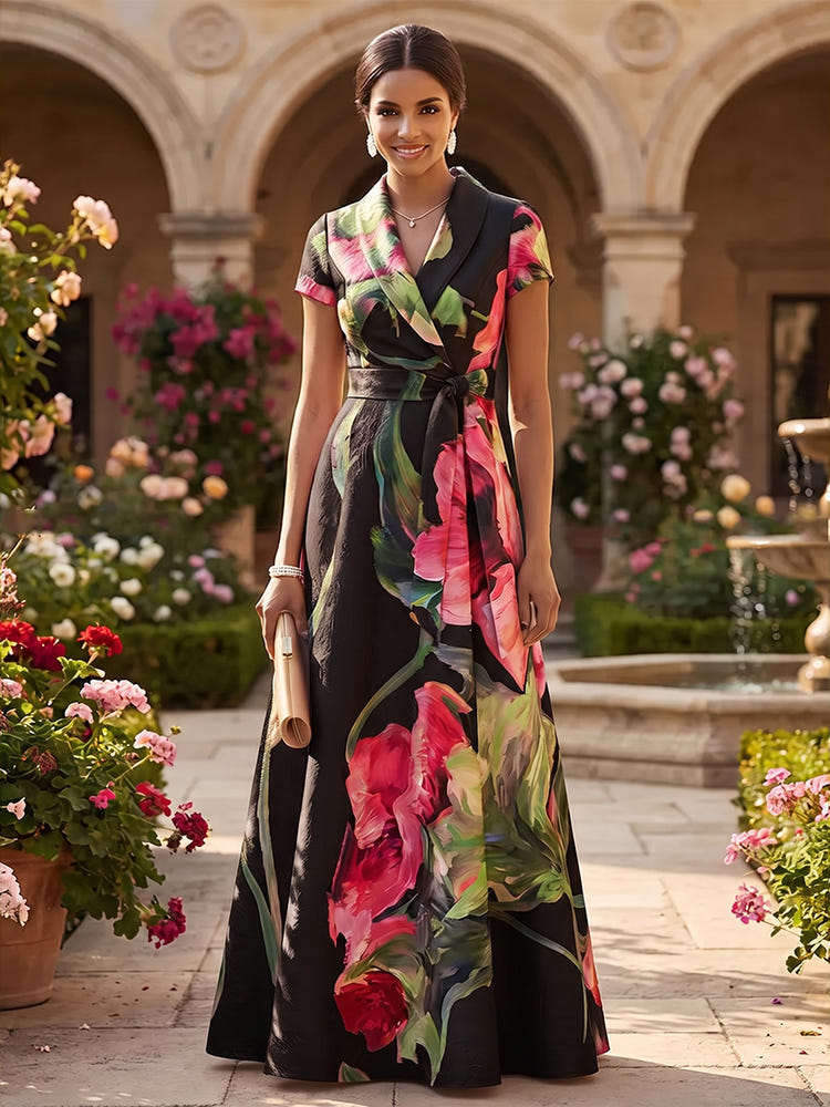 Satin A-Line V Neck Mother of the Bride Dresses with Floral Print