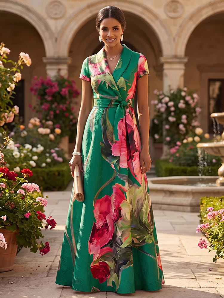 Satin A-Line V Neck Mother of the Bride Dresses with Floral Print