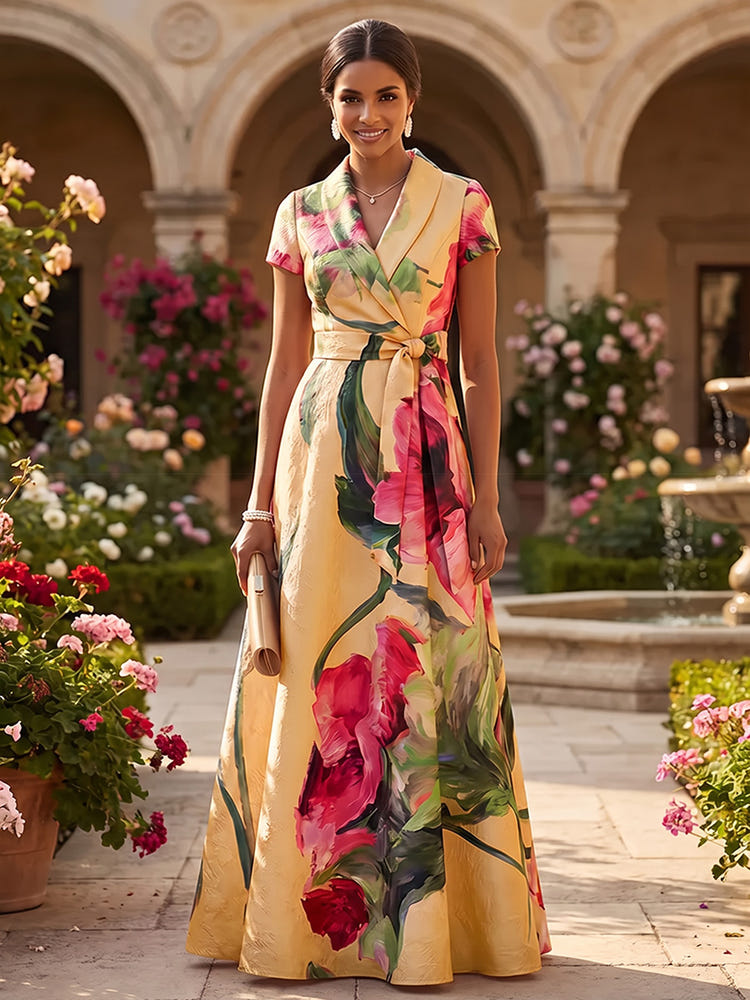 Satin A-Line V Neck Mother of the Bride Dresses with Floral Print