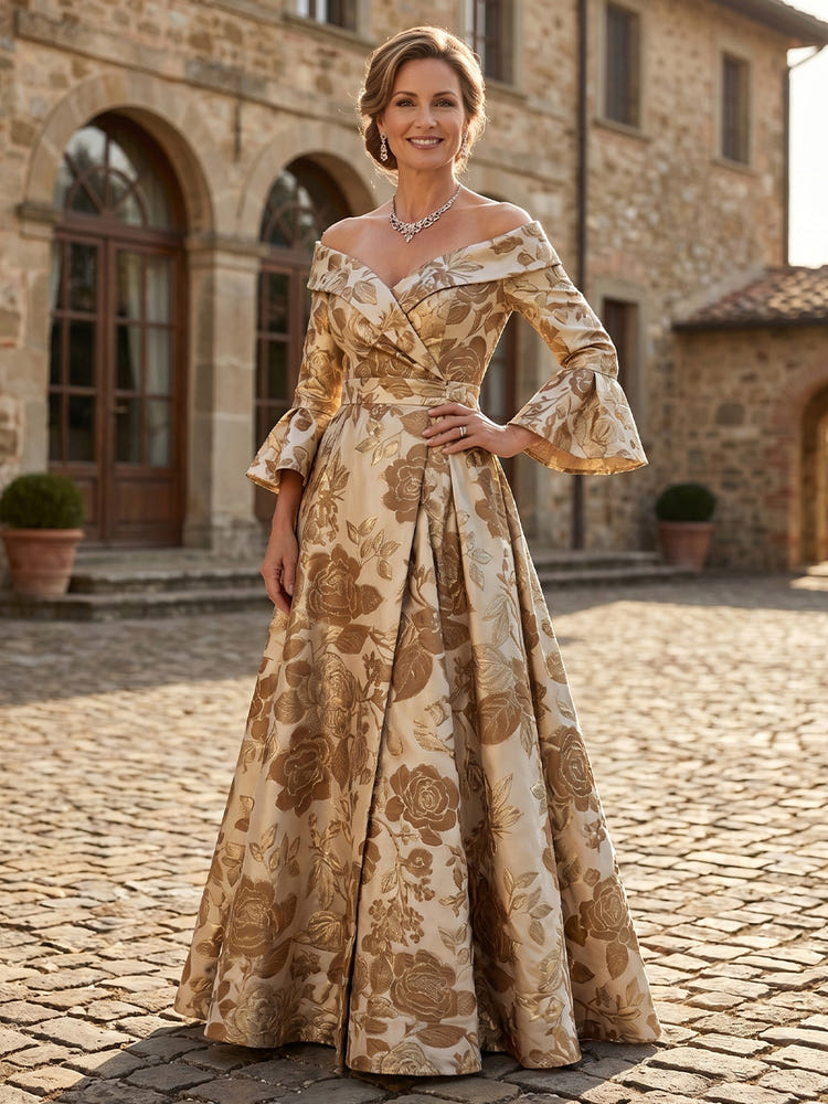 Jacquard A-Line Off the Shoulder Mother of the Bride Dresses with Pleated