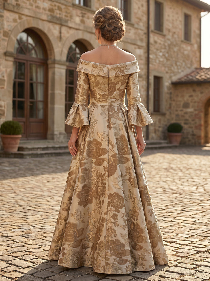 Jacquard A-Line Off the Shoulder Mother of the Bride Dresses with Pleated