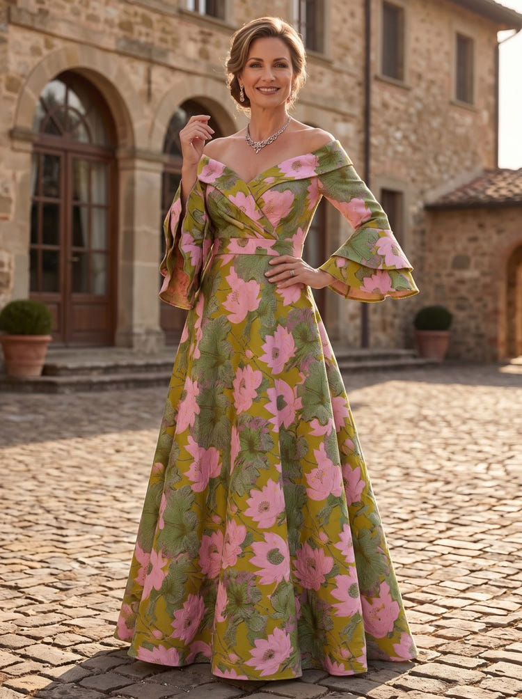 Jacquard A-Line Off the Shoulder Mother of the Bride Dresses with Pleated
