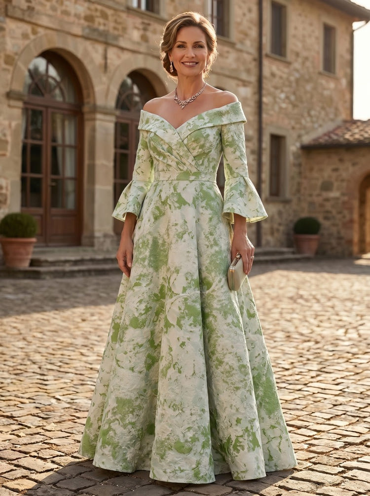 Jacquard A-Line Off the Shoulder Mother of the Bride Dresses with Pleated