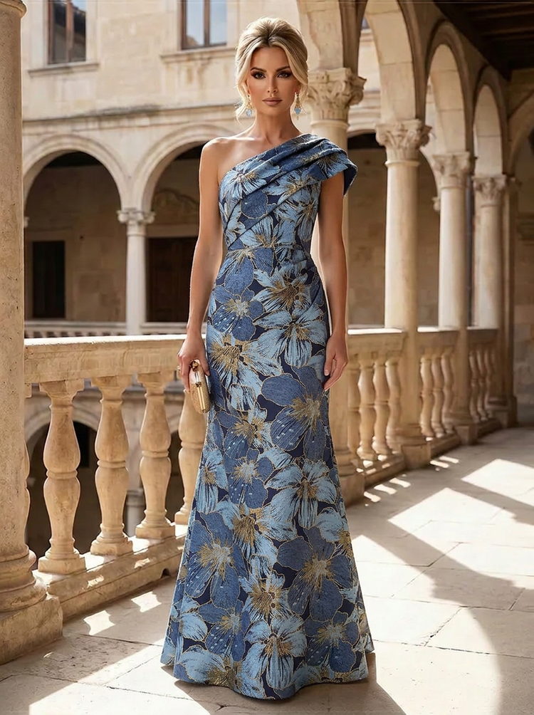 Jacquard Mermaid One Shoulder Mother of the Bride Dresses with Pleated