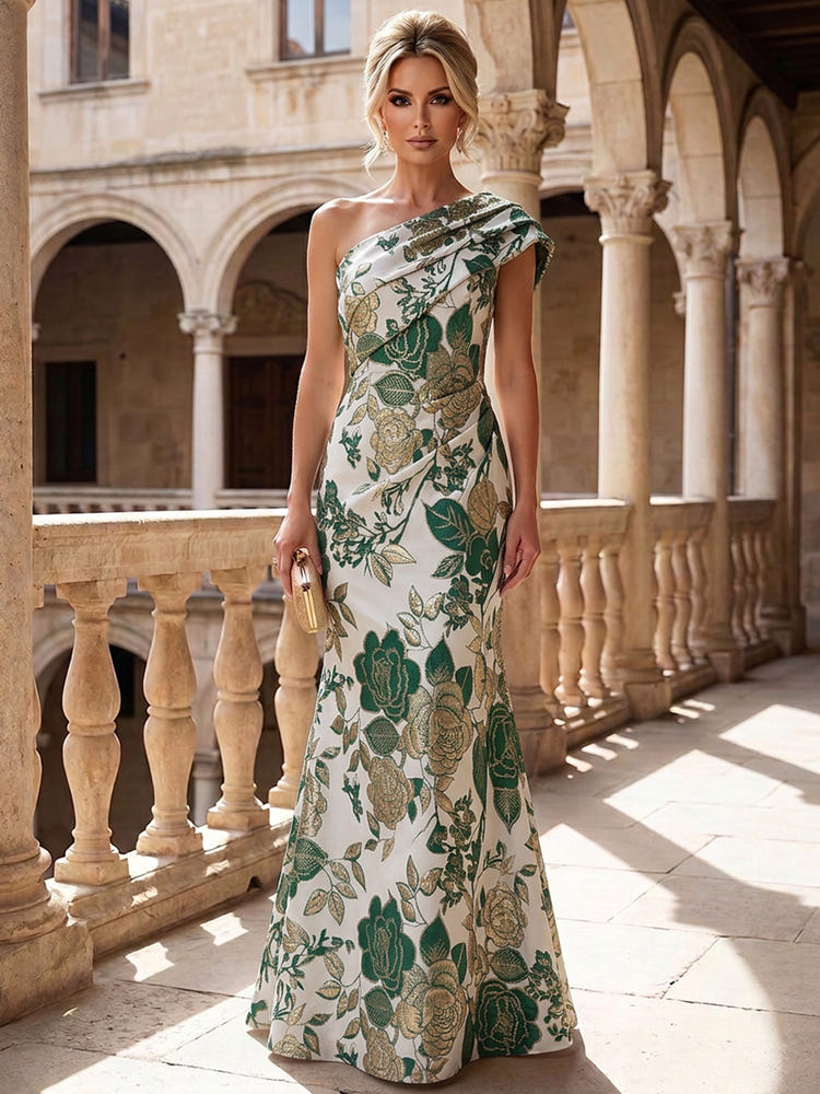 Jacquard Mermaid One Shoulder Mother of the Bride Dresses with Pleated