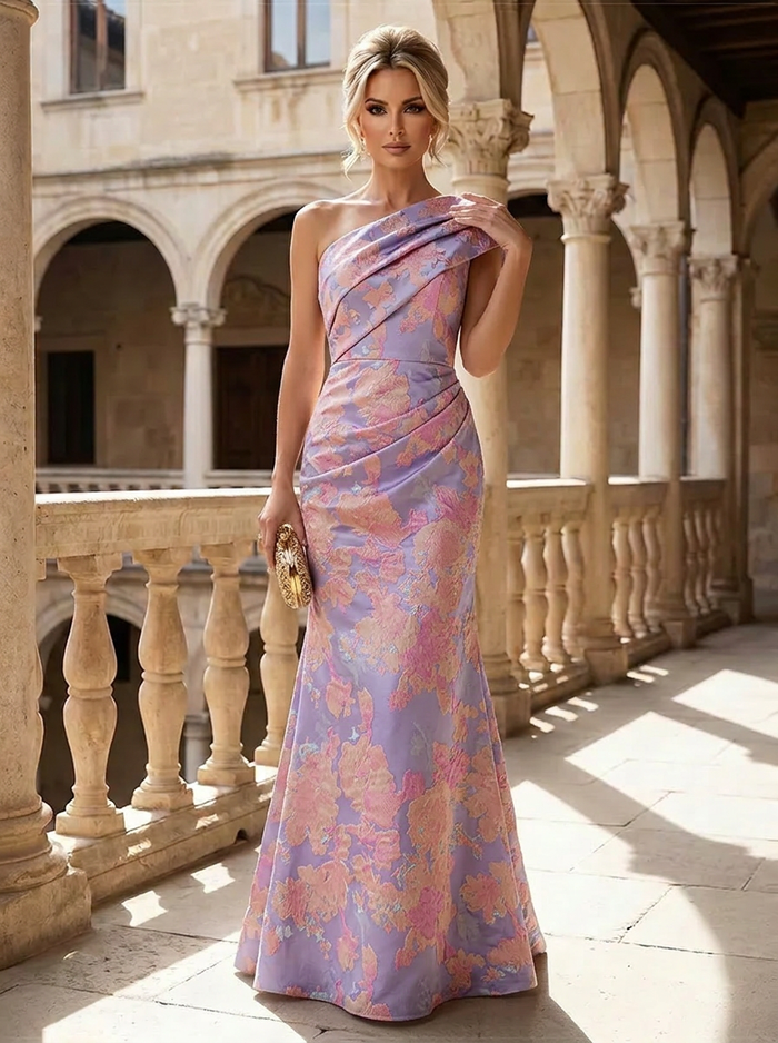 Jacquard Mermaid One Shoulder Mother of the Bride Dresses with Pleated