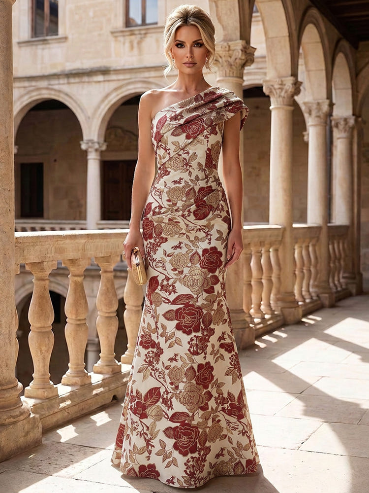 Jacquard Mermaid One Shoulder Mother of the Bride Dresses with Pleated