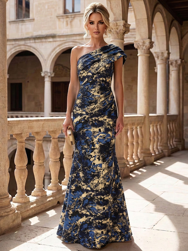 Jacquard Mermaid One Shoulder Mother of the Bride Dresses with Pleated