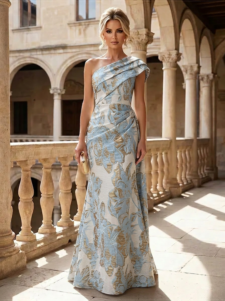 Gracins Sky Blue Jacquard Mermaid One Shoulder Mother of the Bride Dresses with Pleated 2026