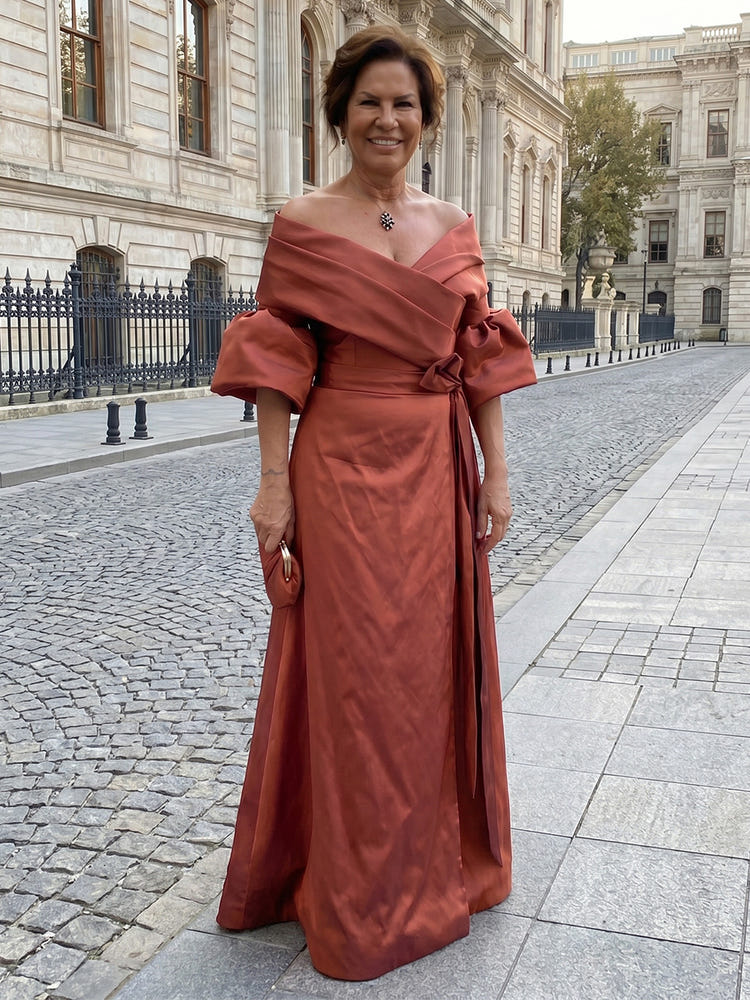 Satin Sheath Off the Shoulder Mother of the Bride Dresses with Pleated