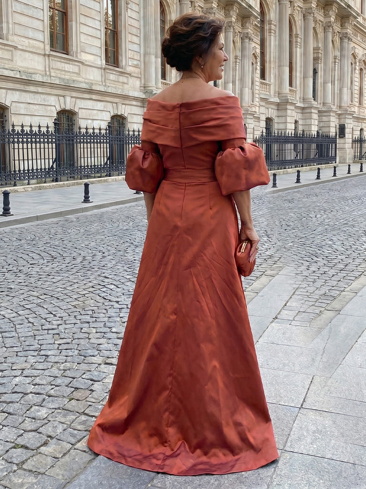 Satin Sheath Off the Shoulder Mother of the Bride Dresses with Pleated