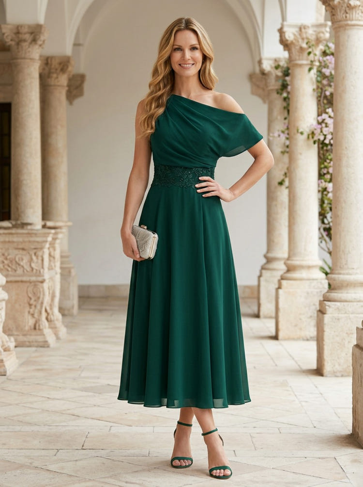 Chiffon A-Line One Shoulder Mother of the Bride Dresses with Lace Applique