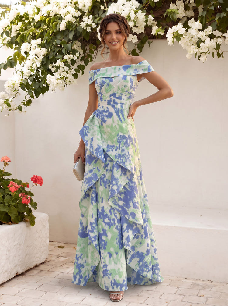 Jacquard A-Line Off Shoulder Mother of the Bride Dresses with Ruffles