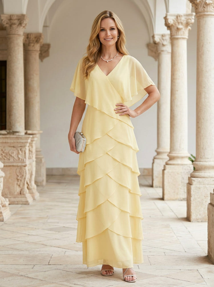 Chiffon A-Line V Neck Tiered Mother of the Bride Dresses