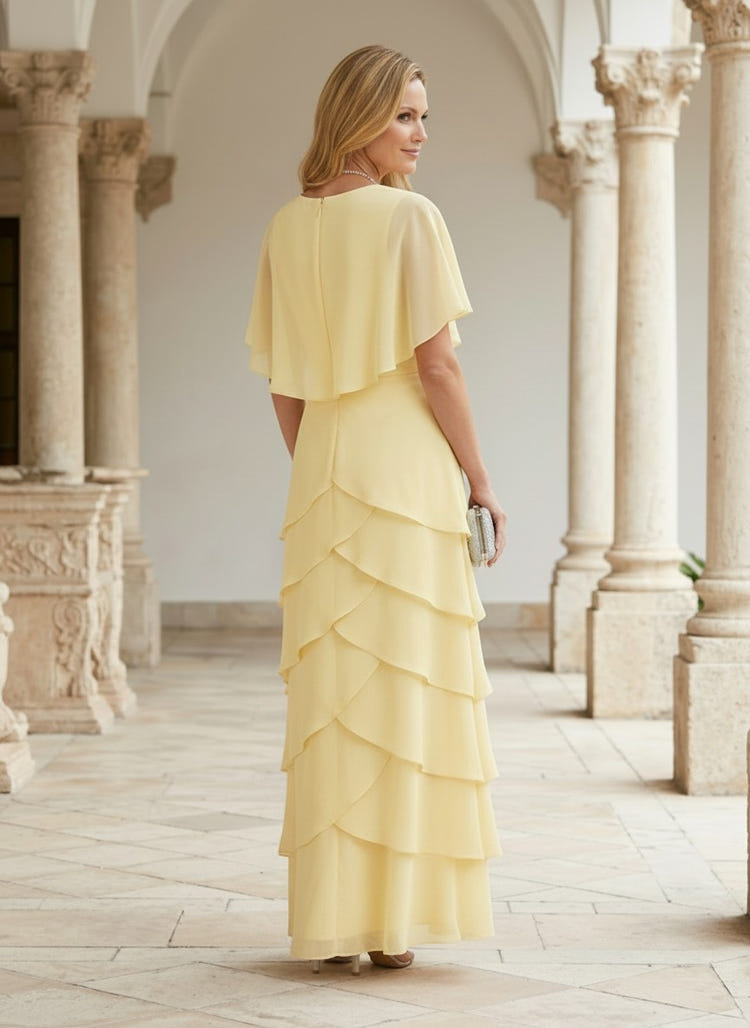 Chiffon A-Line V Neck Tiered Mother of the Bride Dresses