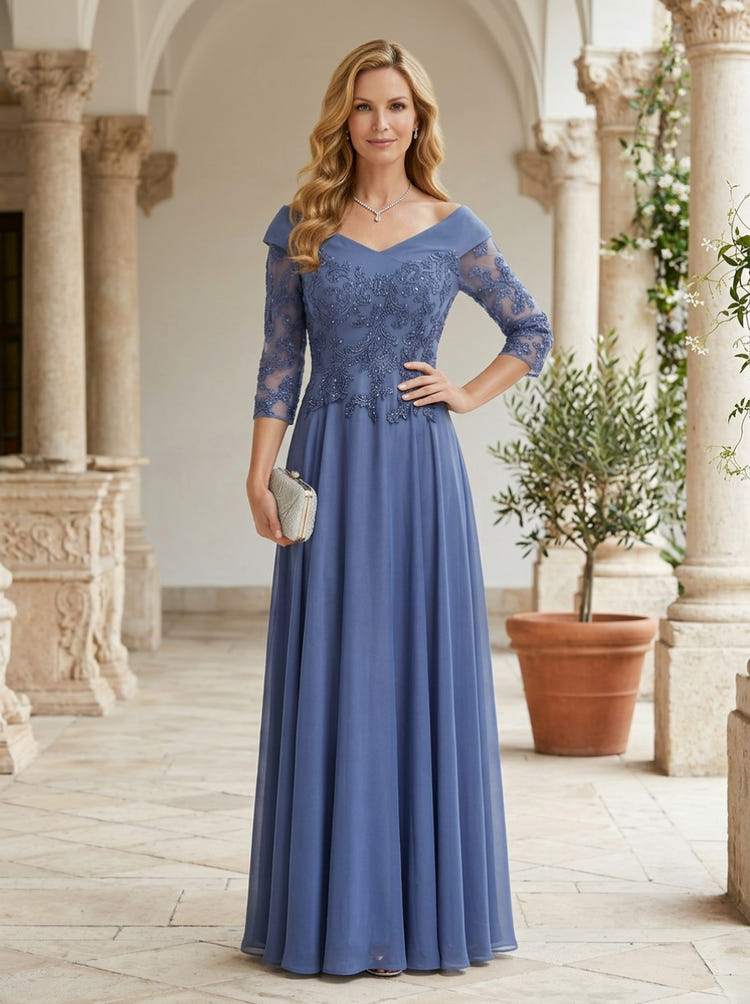 Chiffon A-Line V Neck Mother of the Bride Dresses with Lace Applique