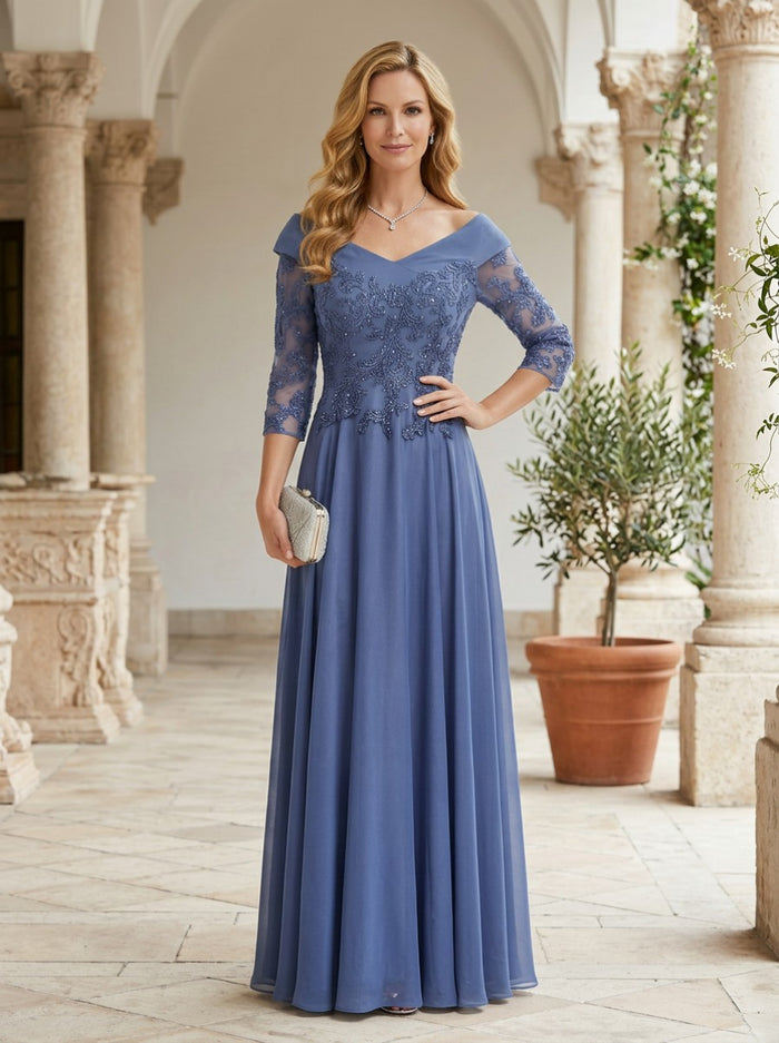 Chiffon A-Line V Neck Mother of the Bride Dresses with Lace Applique
