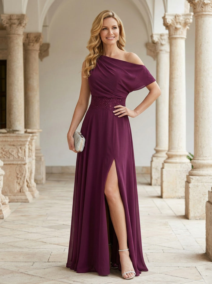 Chiffon A-Line One Shoulder Mother of the Bride Dresses with Lace Applique