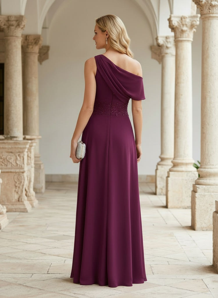 Chiffon A-Line One Shoulder Mother of the Bride Dresses with Lace Applique