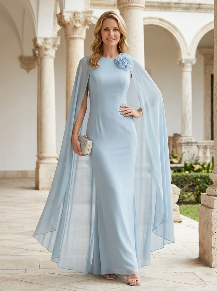 Chiffon Mermaid Crew Neck Mother of the Bride Dresses with Caps