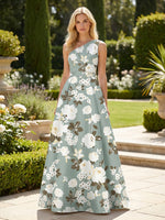 Satin A-Line One Shoulder Mother of the Bride Dresses with Floral Print