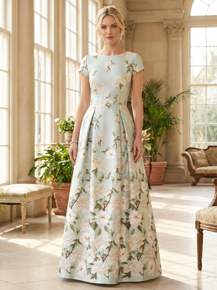 Satin A-Line Crew Neck Mother of the Bride Dresses with Floral Print