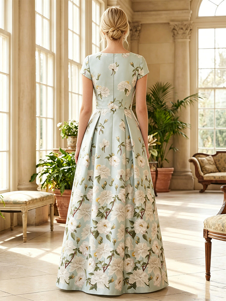 Satin A-Line Crew Neck Mother of the Bride Dresses with Floral Print