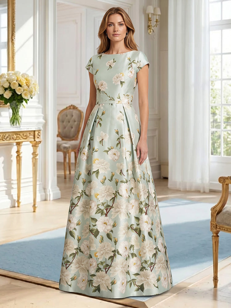 Satin A-Line Crew Neck Mother of the Bride Dresses with Floral Print