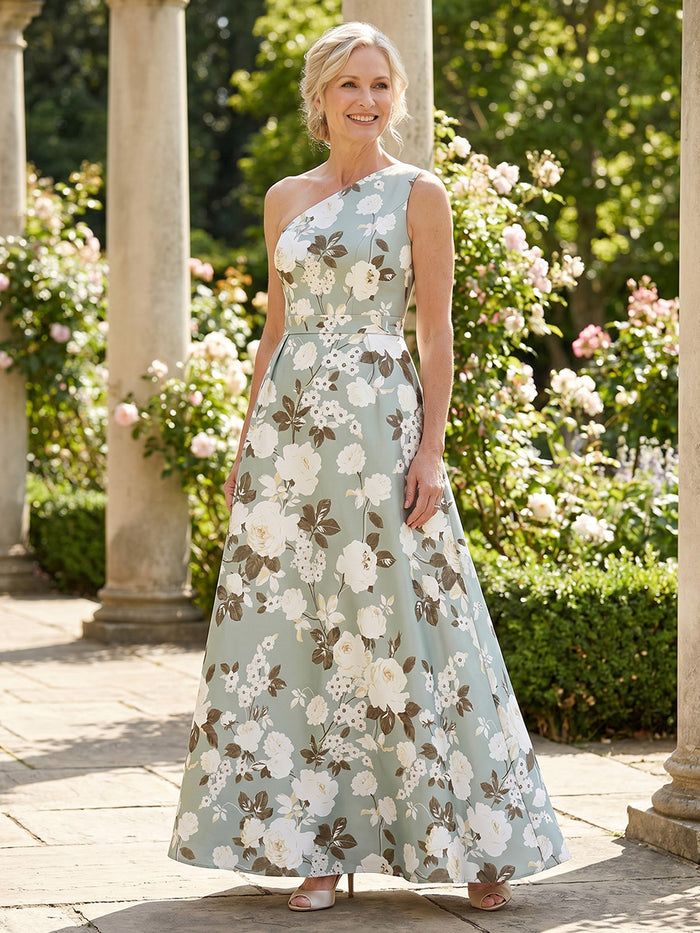 Satin A-Line One Shoulder Mother of the Bride Dresses with Floral Print