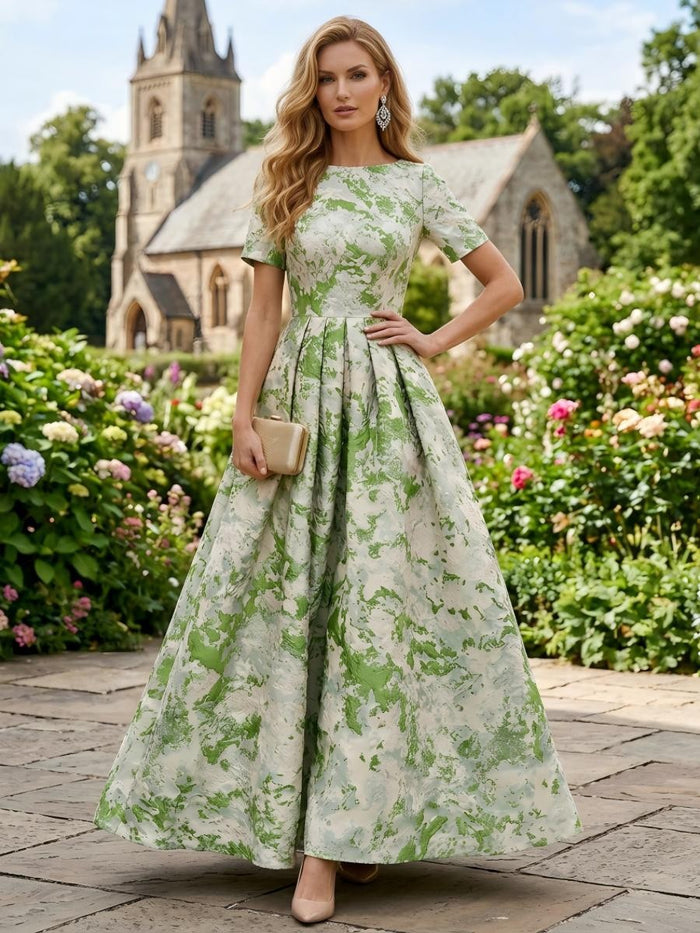 Jacquard A-Line Crew Neck Mother of the Bride Dresses with Pleated