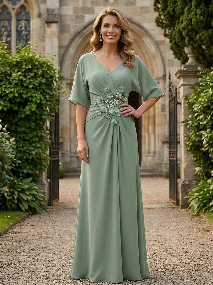 Chiffon A-Line V Neck Mother of the Bride Dresses with Pleated