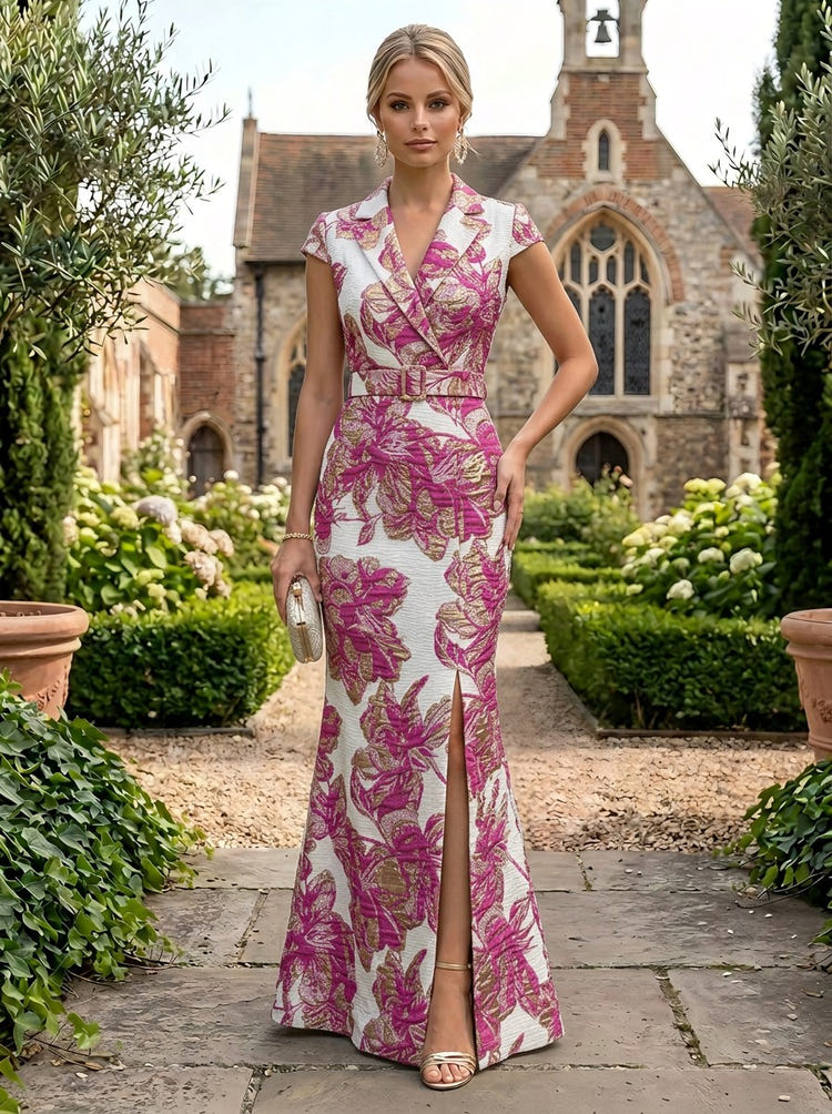 Jacquard Mermaid V Neck Mother of the Bride Dresses with Side Slit