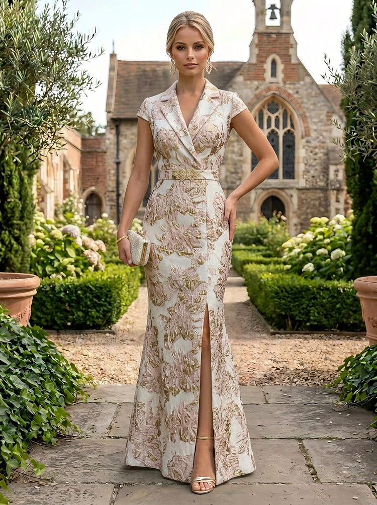 Jacquard Mermaid V Neck Mother of the Bride Dresses with Side Slit