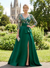 Satin A-Line V Neck Mother of the Bride Dresses with Sequin Embroidery